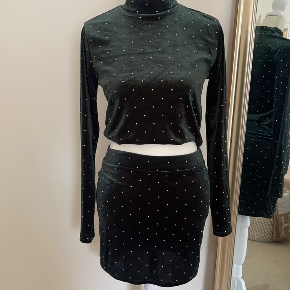 Forest Green Velvet Co-Ord with High Neck.